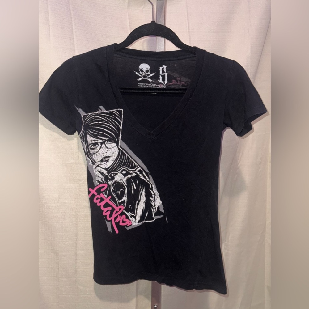 Fatal Black Graphic Tee with Pink and White Design size S